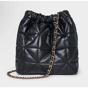 A New Day Black Quilted Drawstring Shoulder Bag With Gold Chain Strap